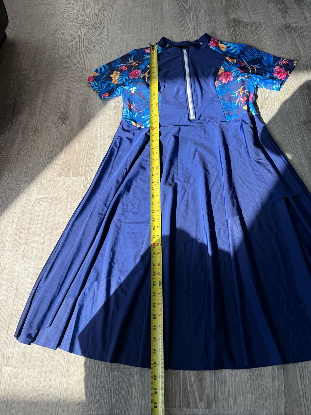 Swim Dress Navy Floral Short Sleeve Zip-Front Shorts Modest Beachy Tropical - Picture 11 of 16